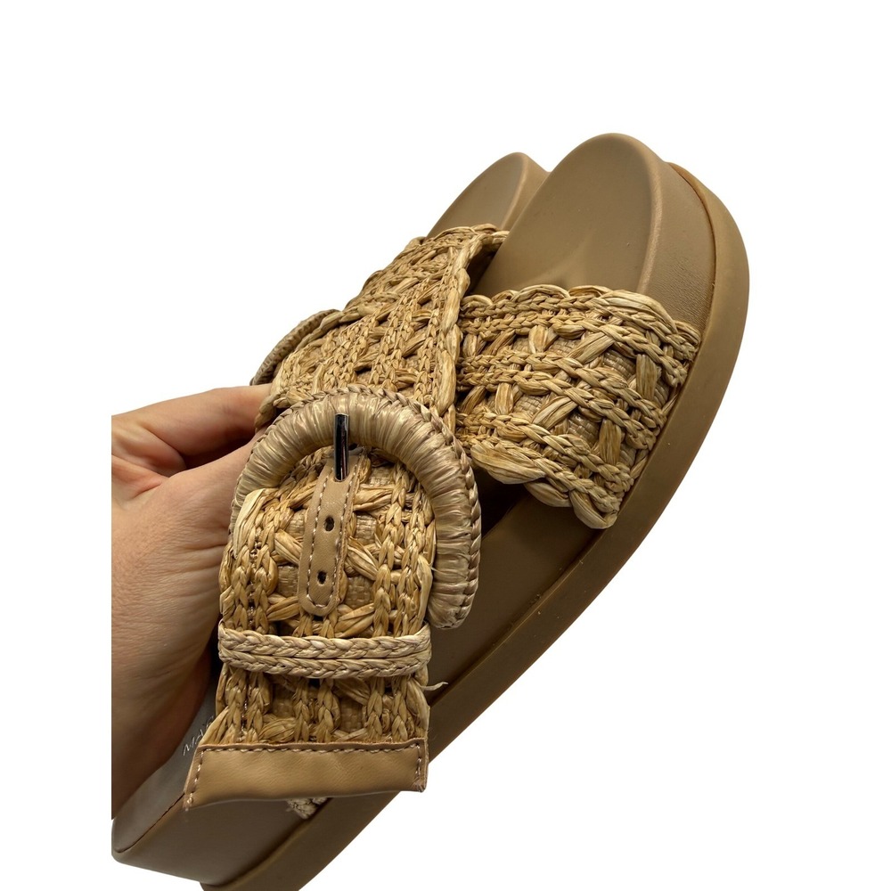 Marc Fisher Slide Sandals Womens 7 Tan NEW Woven Raffia Platform Buckle